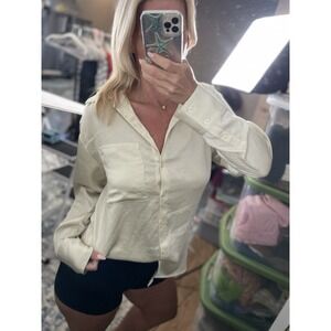 open edit Key lime Blouse Button Down Shirt Women's Size XS Light Yellow Green